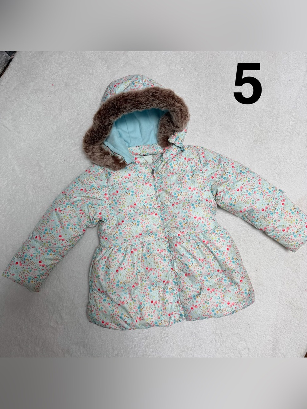 Girls' Floral Puffer Coat with Faux-Fur Hood - Light Blue